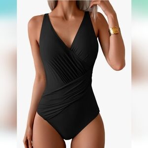 Eomenie Black One Piece Swimsuit. Women Tummy Control Bathing Suit. V Neck. Ruch